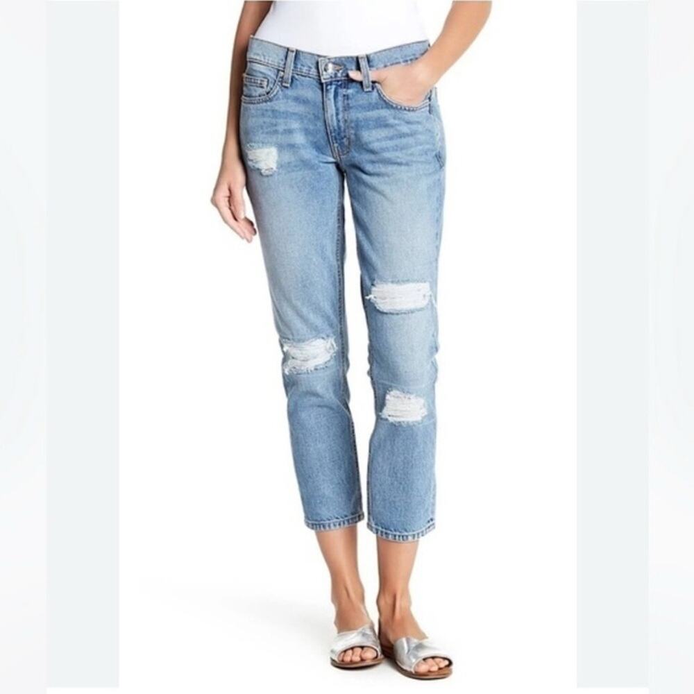 Derek Lam 10 Crosby Mila Mid-Rise Slim Girlfriend Jeans w/ Factory Distressing.
